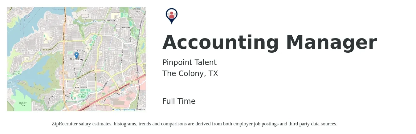 Pinpoint Talent job posting for a Accounting Manager in The Colony, TX with a salary of $72,300 to $103,900 Yearly with a map of The Colony location.