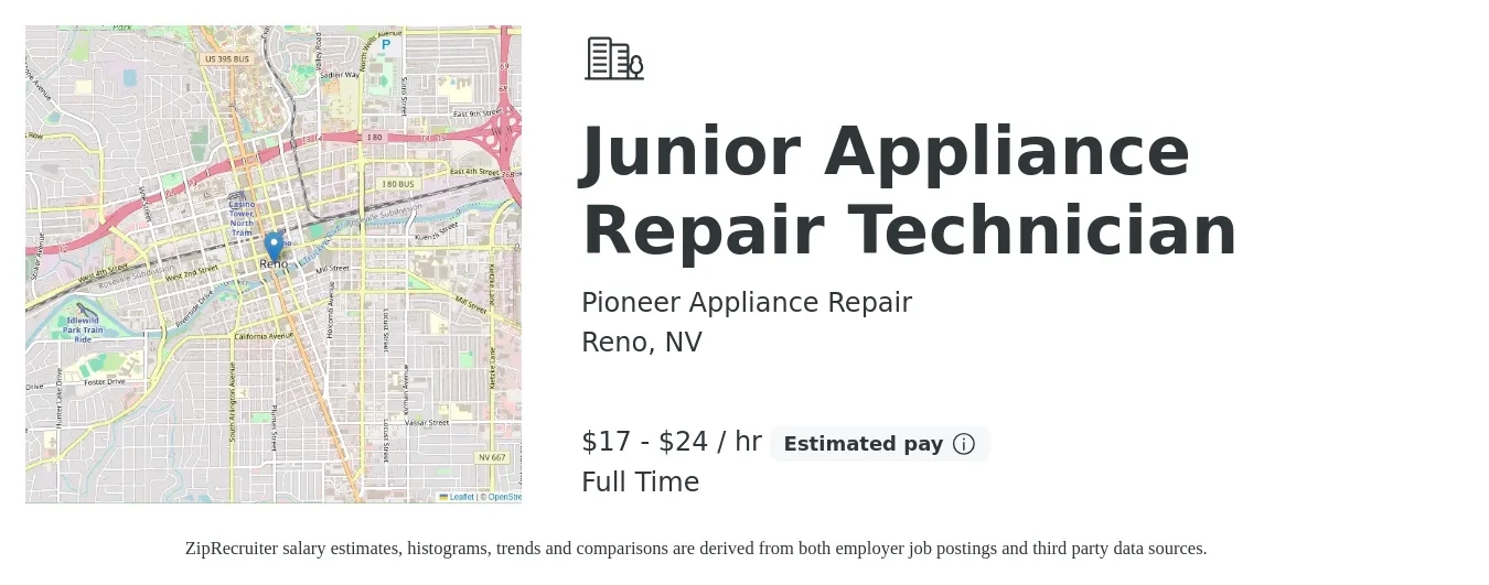 Pioneer Appliance Repair job posting for a Junior Appliance Repair Technician in Reno, NV with a salary of $18 to $25 Hourly with a map of Reno location.