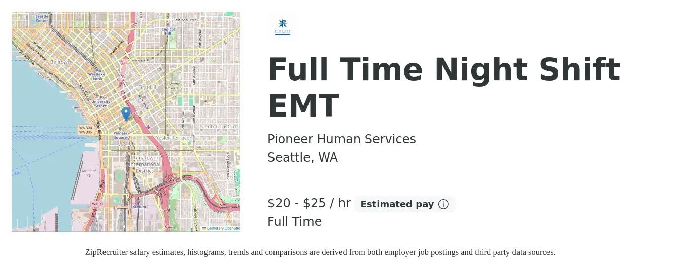 Pioneer Human Services job posting for a Full Time Night Shift EMT in Seattle, WA with a salary of $22 to $27 Hourly with a map of Seattle location.