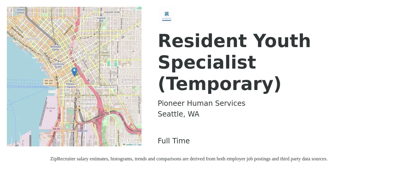 Pioneer Human Services job posting for a Resident Youth Specialist (Temporary) in Seattle, WA with a salary of $20 to $25 Hourly with a map of Seattle location.