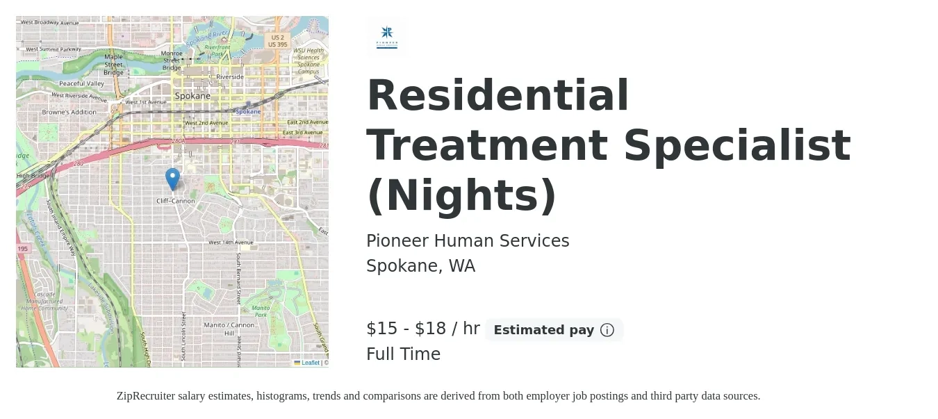 Pioneer Human Services job posting for a Residential Treatment Specialist (Nights) in Spokane, WA with a salary of $16 to $19 Hourly with a map of Spokane location.