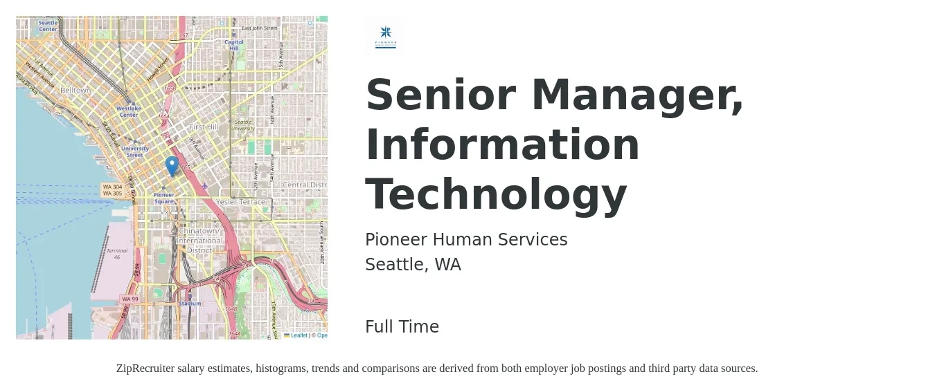Pioneer Human Services job posting for a Senior Manager, Information Technology in Seattle, WA with a salary of $125,517 to $209,194 Yearly with a map of Seattle location.