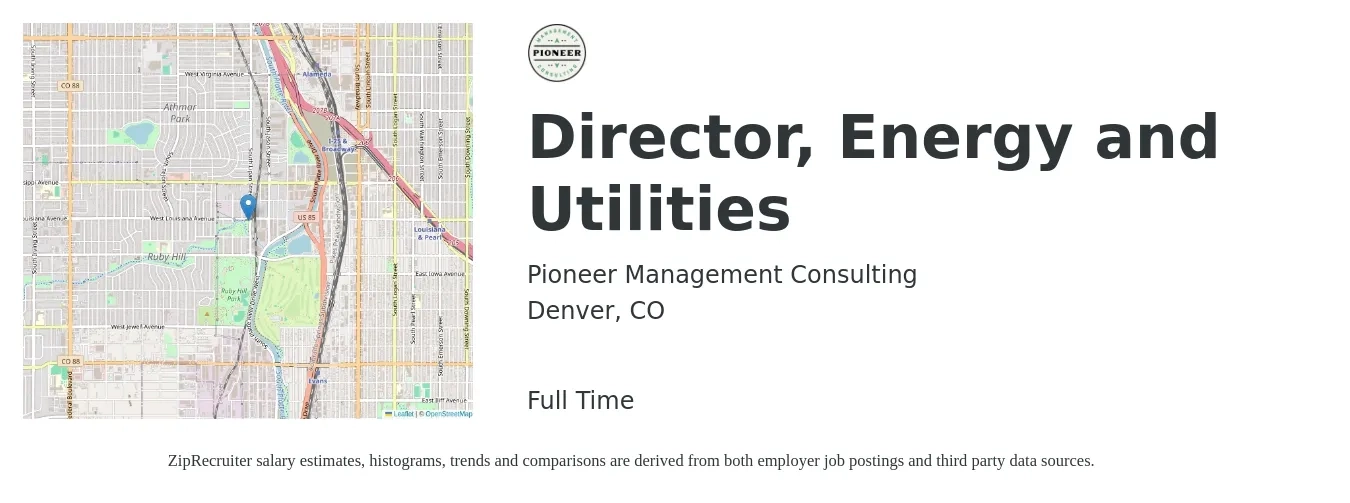 Pioneer Management Consulting job posting for a Director, Energy and Utilities in Denver, CO with a salary of $190,000 Yearly with a map of Denver location.