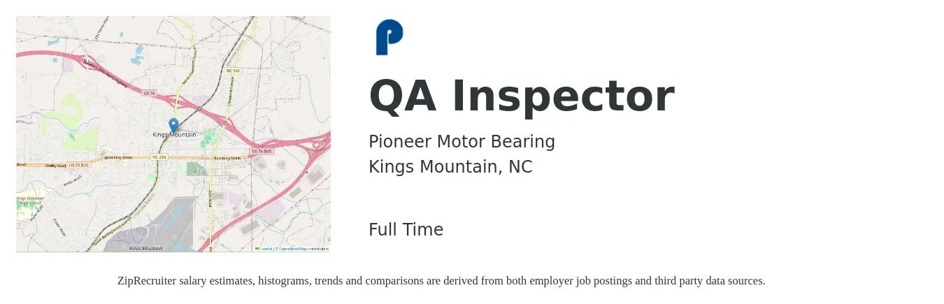 Pioneer Motor Bearing job posting for a QA Inspector in Kings Mountain, NC with a salary of $25 to $35 Hourly with a map of Kings Mountain location.