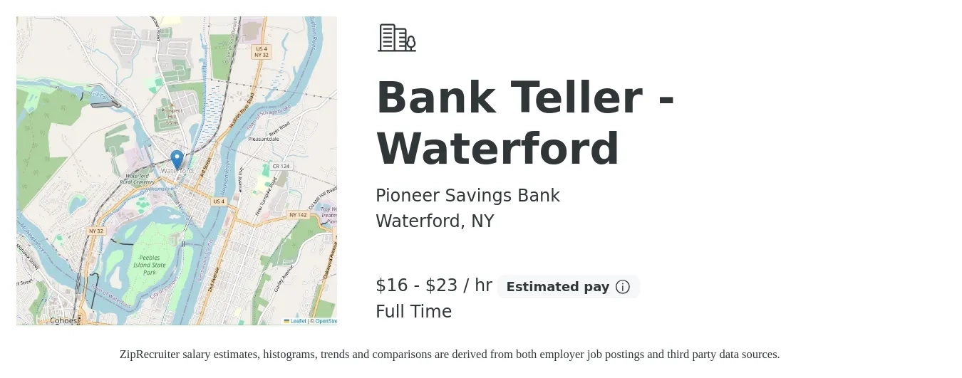 Pioneer Savings Bank job posting for a Bank Teller - Waterford in Waterford, NY with a salary of $17 to $24 Hourly with a map of Waterford location.