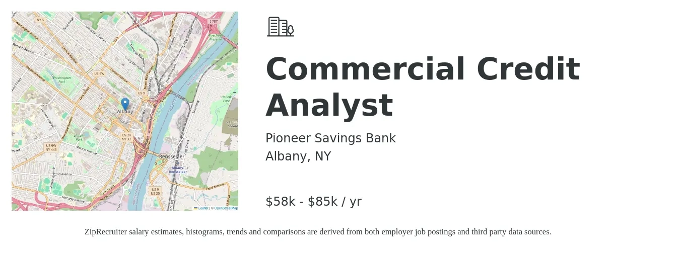 Pioneer Savings Bank job posting for a Commercial Credit Analyst in Albany, NY with a salary of $58,458 to $85,000 Yearly with a map of Albany location.