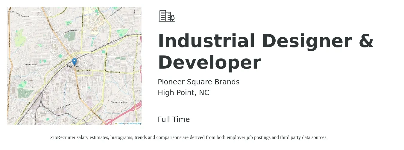 Pioneer Square Brands job posting for a Industrial Designer & Developer in High Point, NC with a salary of $115,100 Yearly with a map of High Point location.