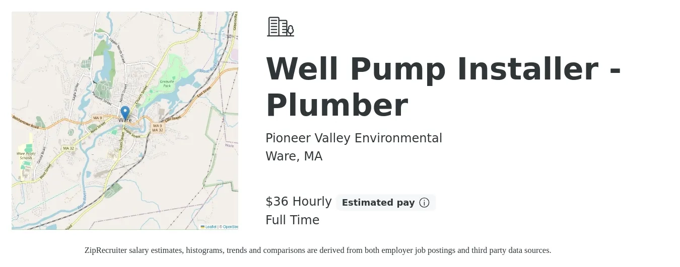 Pioneer Valley Environmental job posting for a Well Pump Installer - Plumber in Ware, MA with a salary of $80,000 Yearly with a map of Ware location.