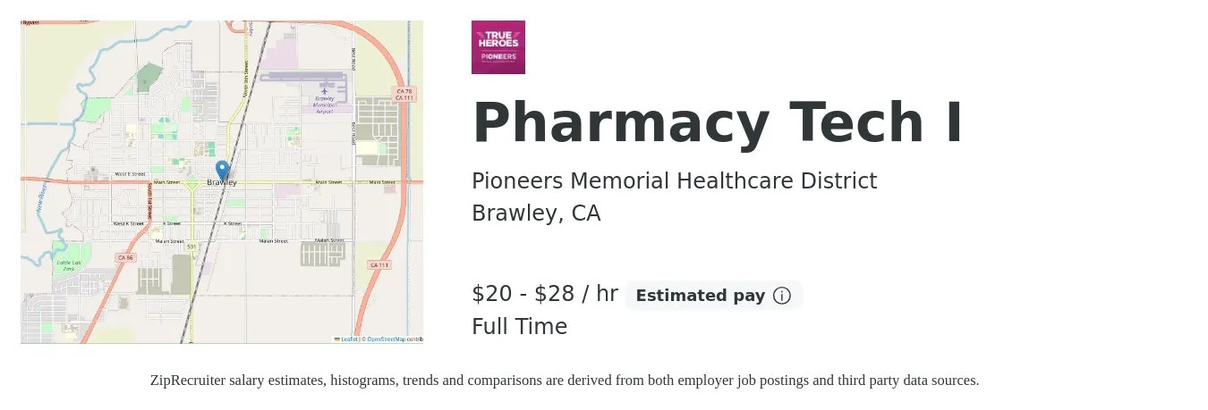 PIONEERS MEMORIAL HEALTHCARE DISTRICT job posting for a Pharmacy Tech I in Brawley, CA with a salary of $21 to $30 Hourly with a map of Brawley location.