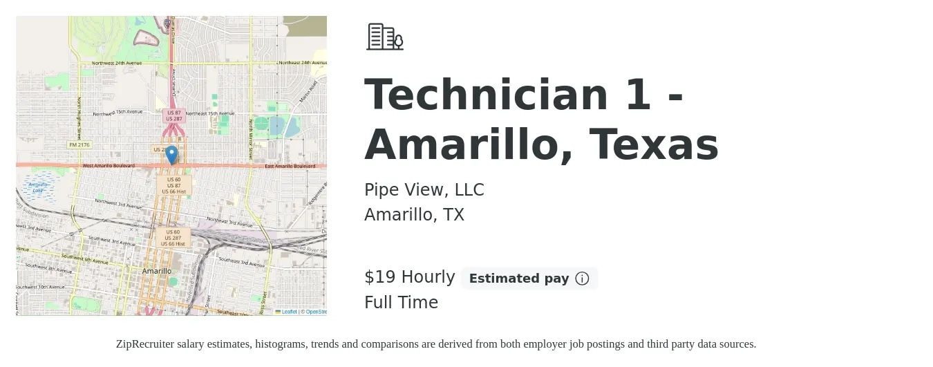 Pipe View, LLC job posting for a Technician 1 - Amarillo, Texas in Amarillo, TX with a salary of $20 Hourly with a map of Amarillo location.