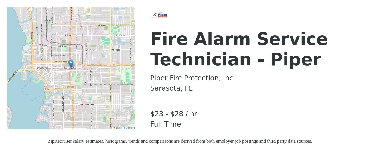 Piper Fire Protection, Inc. job posting for a Fire Alarm Service Technician - Piper in Sarasota, FL with a salary of $24 to $30 Hourly with a map of Sarasota location.