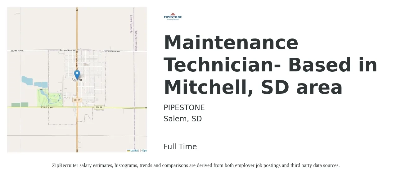 PIPESTONE job posting for a Maintenance Technician- Based in Mitchell, SD area in Salem, SD with a salary of $19 to $26 Hourly with a map of Salem location.