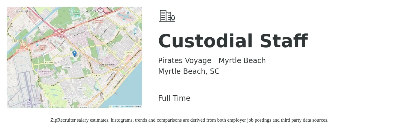Pirates Voyage - Myrtle Beach job posting for a Custodial Staff in Myrtle Beach, SC with a salary of $13 to $16 Hourly with a map of Myrtle Beach location.