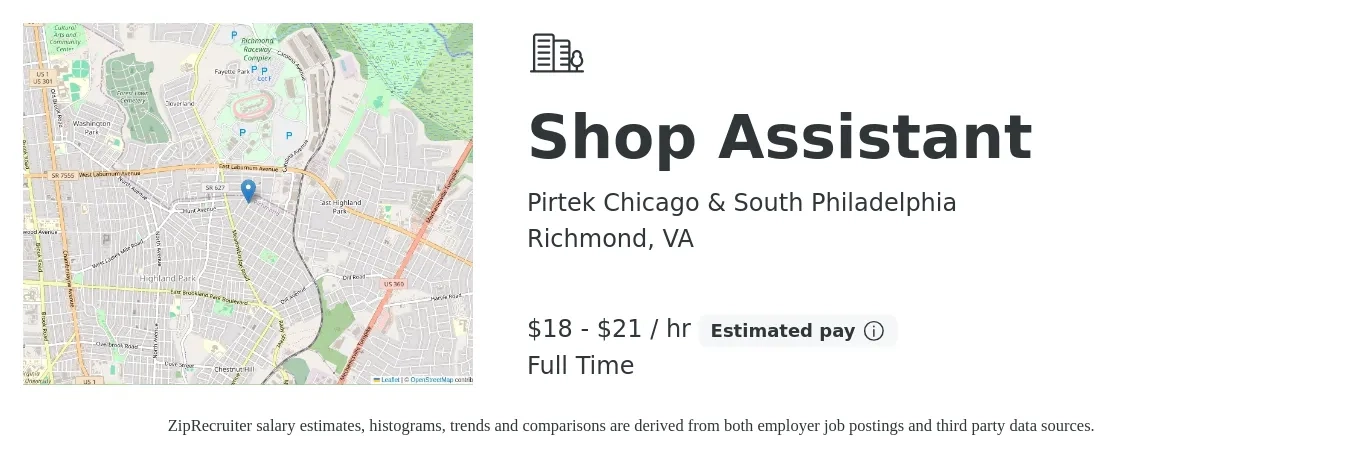 Pirtek Chicago & South Philadelphia job posting for a Shop Assistant in Richmond, VA with a salary of $19 to $22 Hourly with a map of Richmond location.