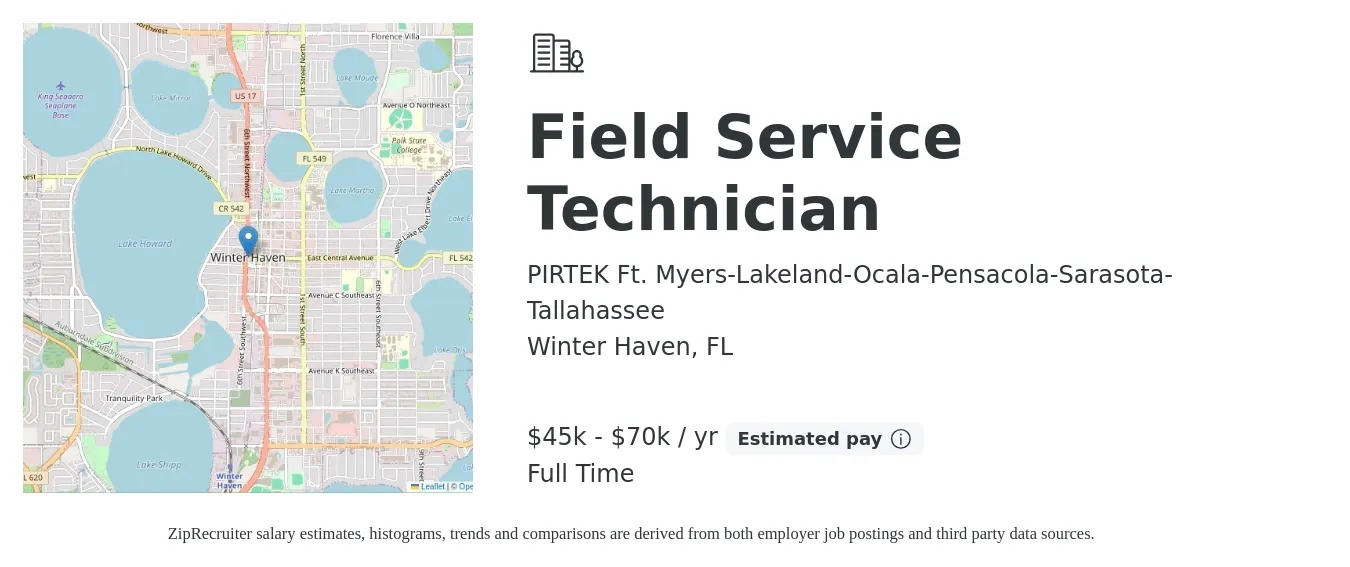 PIRTEK Ft. Myers-Lakeland-Ocala-Pensacola-Sarasota-Tallahassee job posting for a Field Service Technician in Winter Haven, FL with a salary of $45,000 to $70,000 Yearly with a map of Winter Haven location.