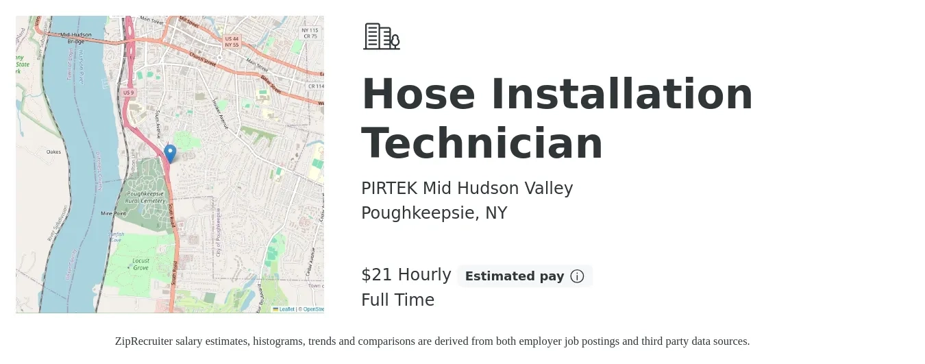 PIRTEK Mid Hudson Valley job posting for a Hose Installation Technician in Poughkeepsie, NY with a salary of $22 Hourly with a map of Poughkeepsie location.