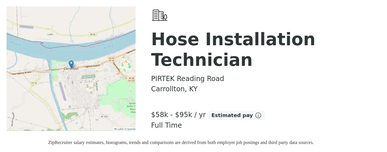 PIRTEK Reading Road job posting for a Hose Installation Technician in Carrollton, KY with a salary of $58,000 to $95,000 Yearly with a map of Carrollton location.