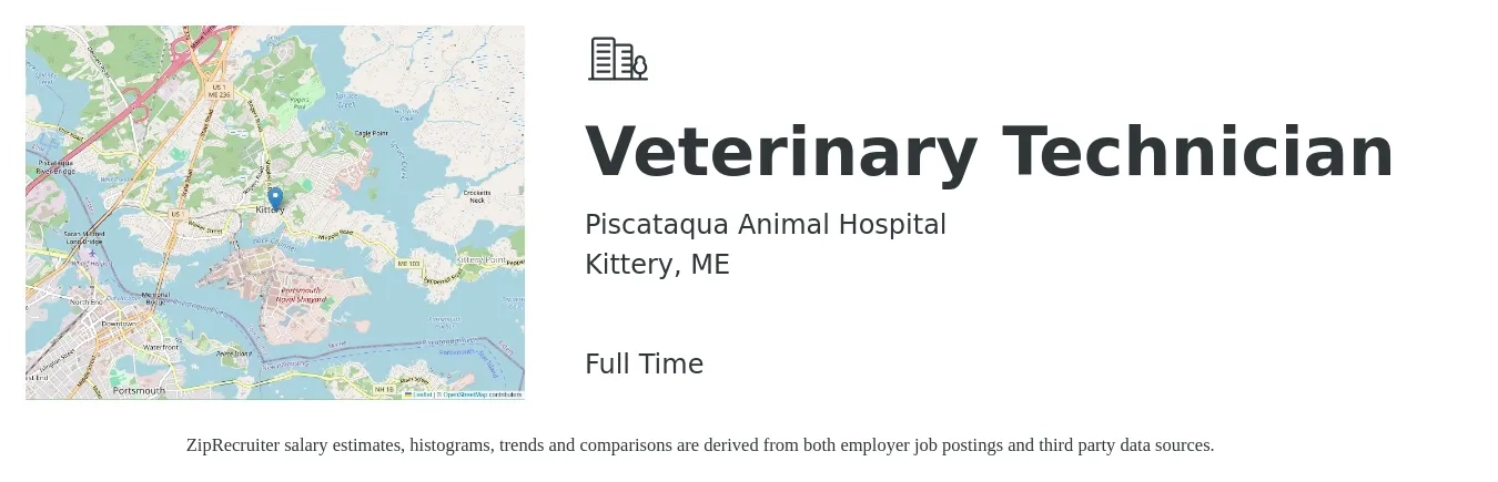 Piscataqua Animal Hospital job posting for a Veterinary Technician in Kittery, ME with a salary of $19 to $26 Hourly with a map of Kittery location.