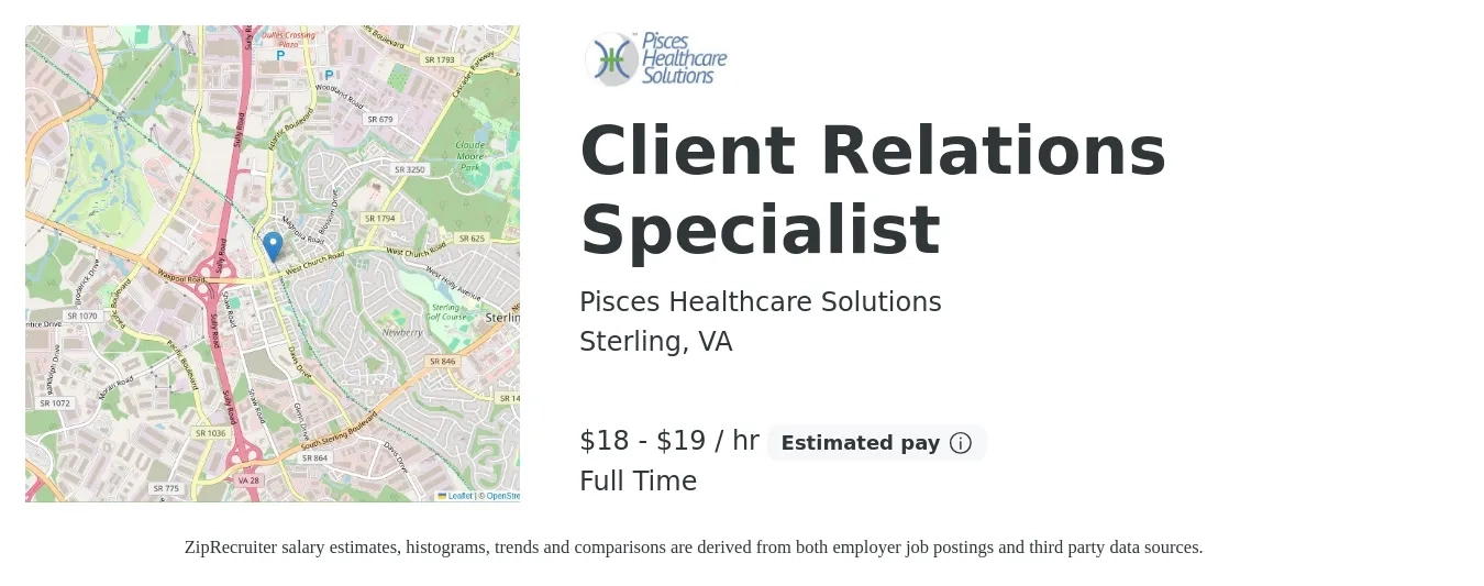 Pisces Healthcare Solutions job posting for a Client Relations Specialist in Sterling, VA with a salary of $19 to $20 Hourly with a map of Sterling location.