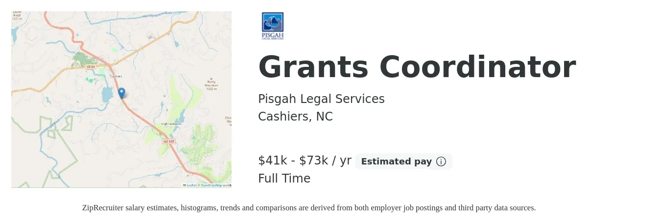 Pisgah Legal Services job posting for a Grants Coordinator in Cashiers, NC with a salary of $41,812 to $73,438 Yearly with a map of Cashiers location.