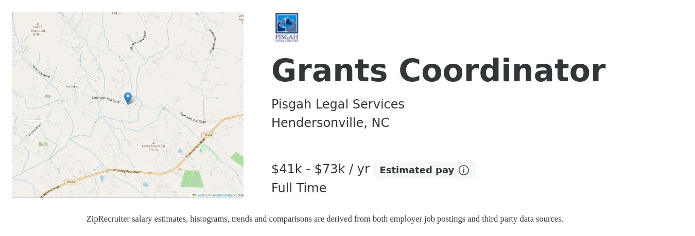 Pisgah Legal Services job posting for a Grants Coordinator in Hendersonville, NC with a salary of $41,812 to $73,438 Yearly with a map of Hendersonville location.