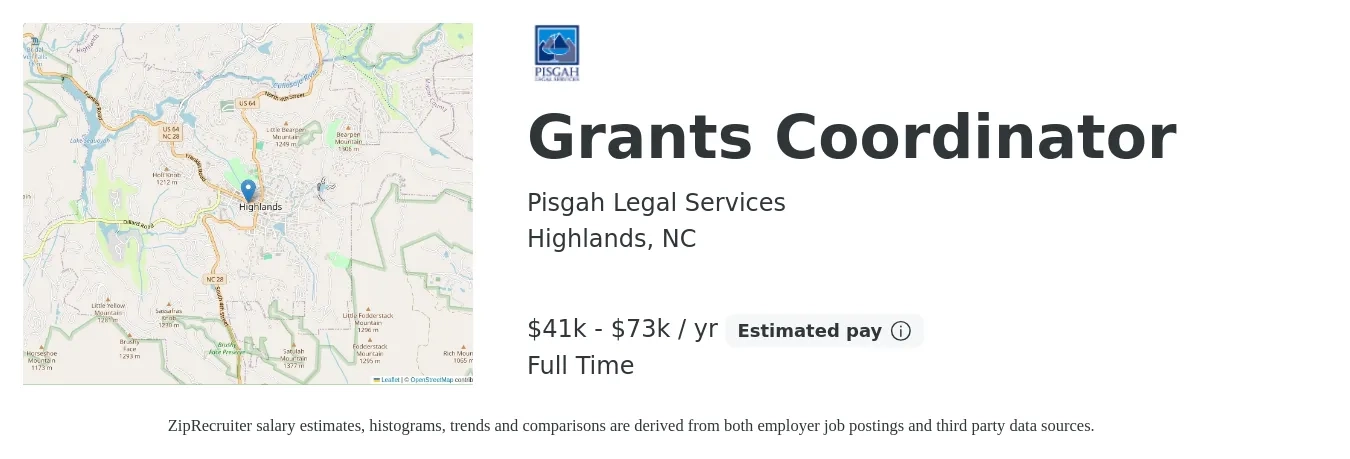 Pisgah Legal Services job posting for a Grants Coordinator in Highlands, NC with a salary of $41,812 to $73,438 Yearly with a map of Highlands location.