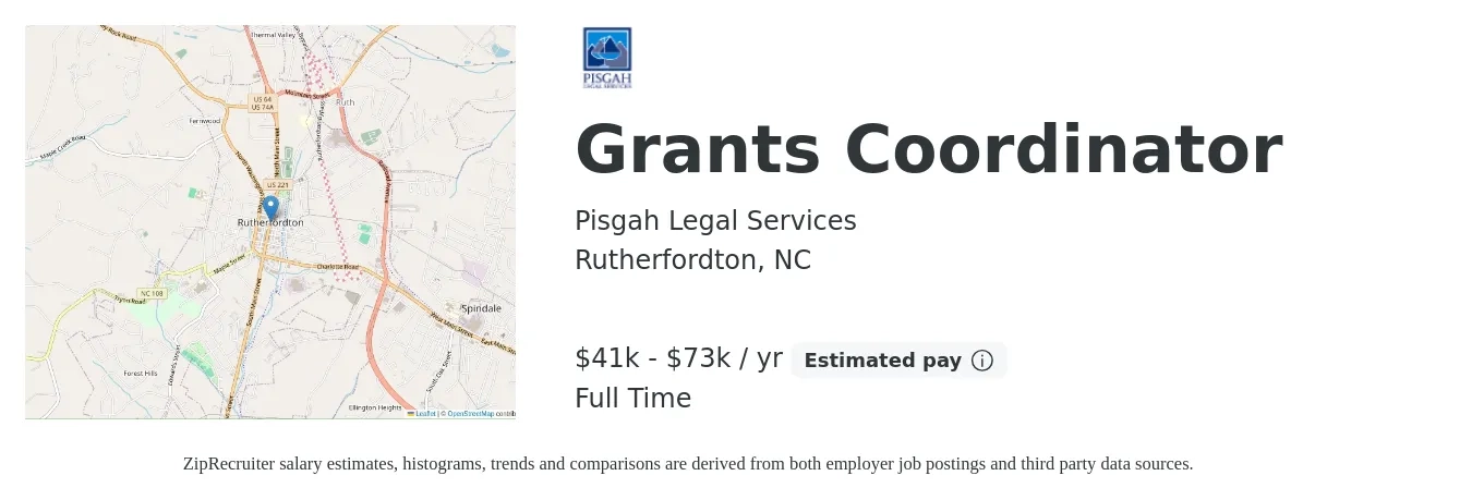 Pisgah Legal Services job posting for a Grants Coordinator in Rutherfordton, NC with a salary of $41,812 to $73,438 Yearly with a map of Rutherfordton location.