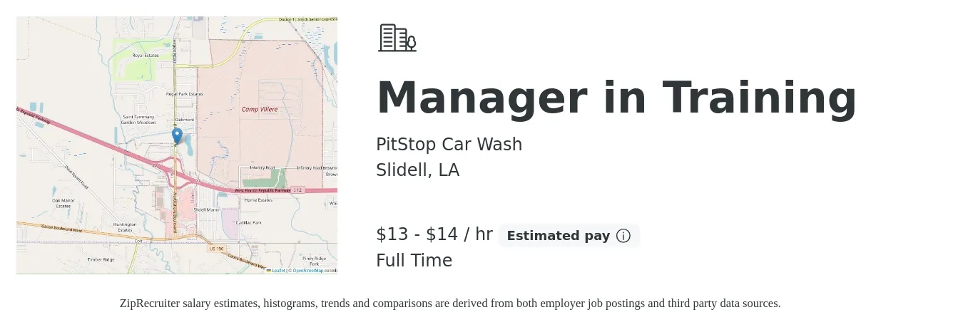 PitStop Car Wash job posting for a Manager in Training in Slidell, LA with a salary of $14 to $15 Hourly with a map of Slidell location.