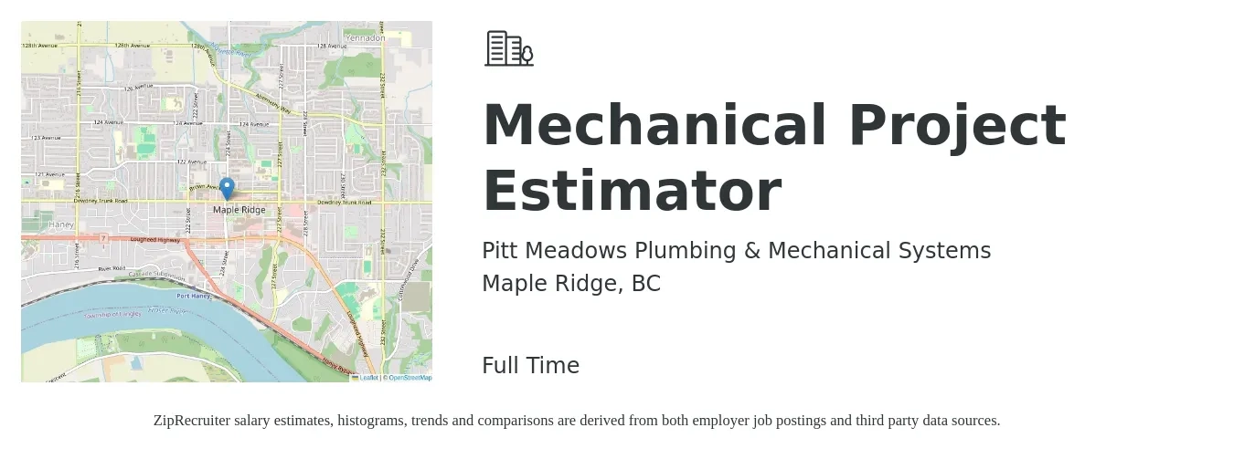 Pitt Meadows Plumbing & Mechanical Systems job posting for a Mechanical Project Estimator in Maple Ridge, BC with a salary of $80,000 to $100,000 Yearly with a map of Maple Ridge location.