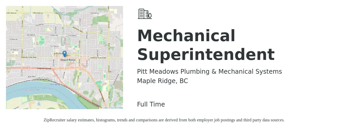 Pitt Meadows Plumbing & Mechanical Systems job posting for a Mechanical Superintendent in Maple Ridge, BC with a salary of $62 to $64 Hourly with a map of Maple Ridge location.