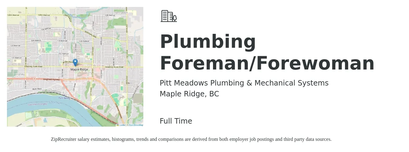 Pitt Meadows Plumbing & Mechanical Systems job posting for a Plumbing Foreman/Forewoman in Maple Ridge, BC with a salary of $51 Hourly with a map of Maple Ridge location.