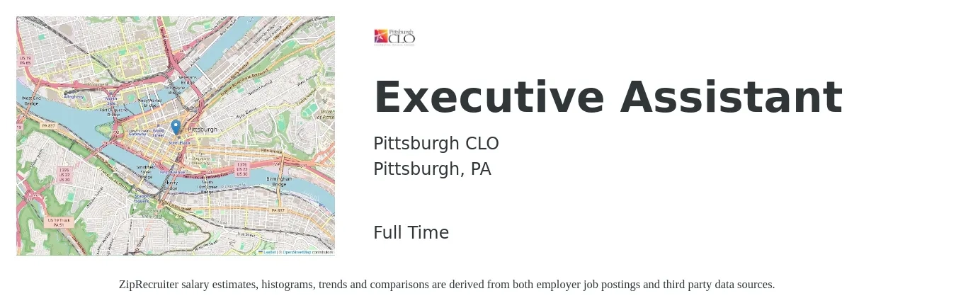Pittsburgh CLO job posting for a Executive Assistant in Pittsburgh, PA with a salary of $48,500 to $72,800 Yearly with a map of Pittsburgh location.