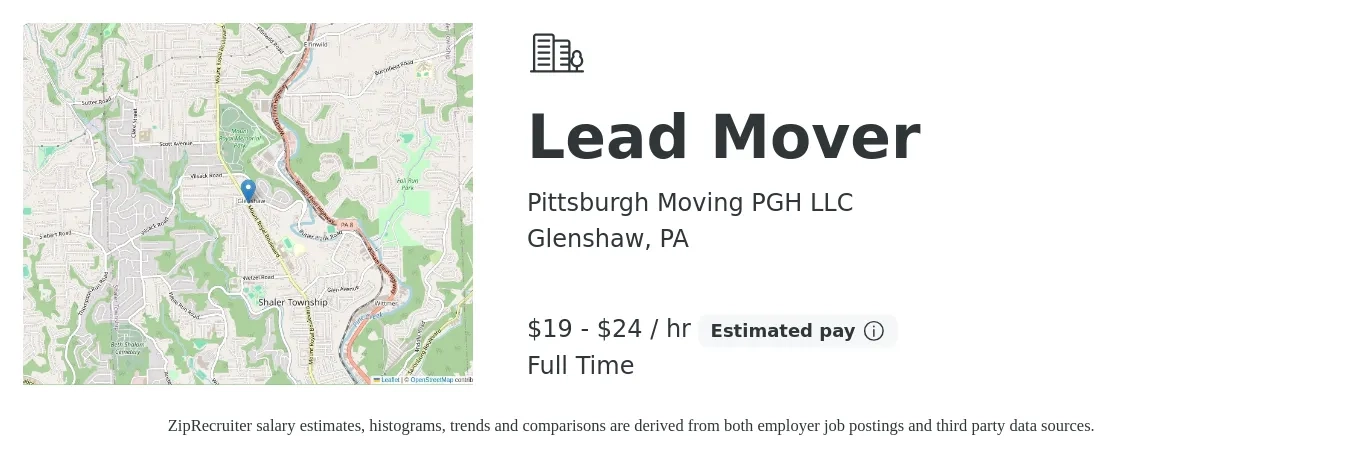 Pittsburgh Moving PGH LLC job posting for a Lead Mover in Glenshaw, PA with a salary of $20 to $25 Hourly and benefits including pto with a map of Glenshaw location.