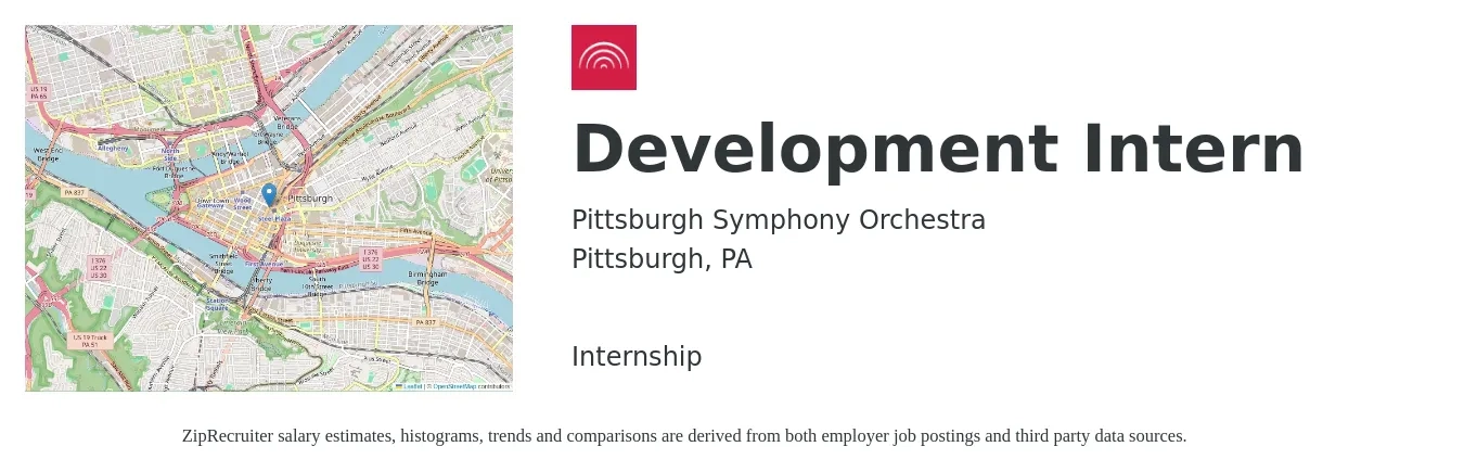 Pittsburgh Symphony Orchestra job posting for a Development Intern in Pittsburgh, PA with a salary of $14 to $20 Hourly with a map of Pittsburgh location.