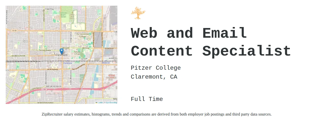Pitzer College job posting for a Web and Email Content Specialist in Claremont, CA with a salary of $26 to $38 Hourly and benefits including Medical, Vision, Dental, PTO, and Retirement with a map of Claremont location.