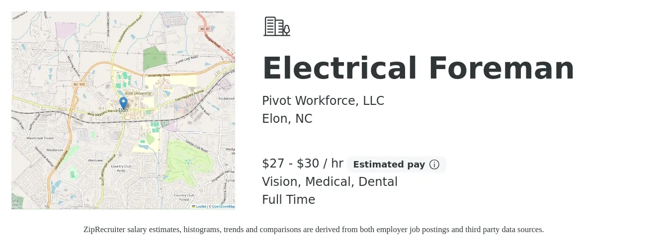 Pivot Workforce, LLC job posting for a Electrical Foreman in Elon, NC with a salary of $29 to $32 Hourly and benefits including dental, life_insurance, medical, pto, retirement, and vision with a map of Elon location.