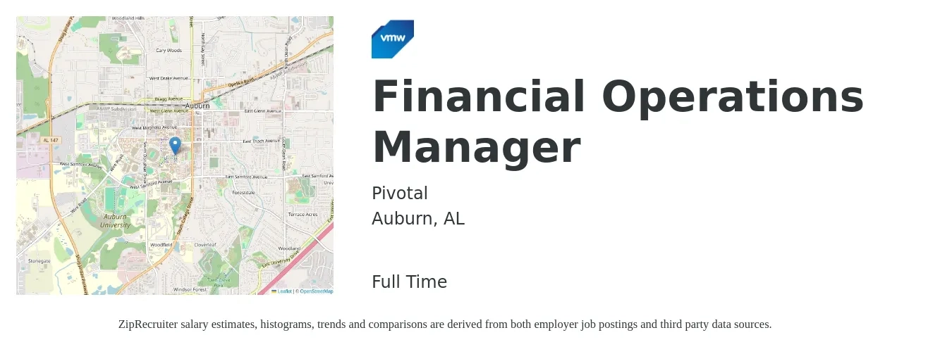 Pivotal job posting for a Financial Operations Manager in Auburn, AL with a salary of $76,400 to $100,000 Yearly with a map of Auburn location.