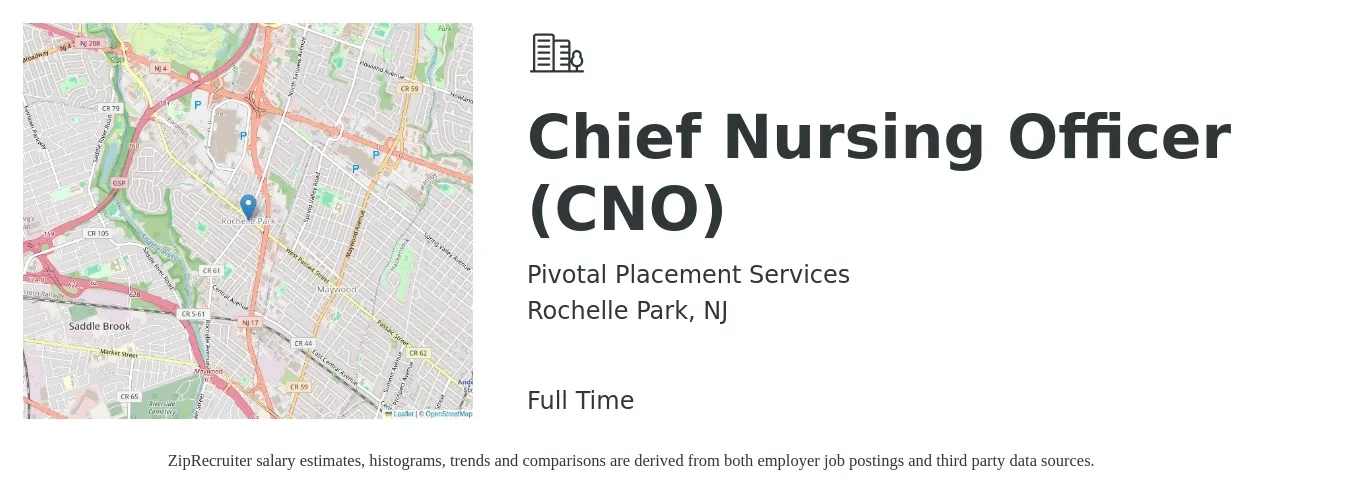 Pivotal Placement Services job posting for a Chief Nursing Officer (CNO) in Rochelle Park, NJ with a salary of $139,400 to $191,400 Yearly with a map of Rochelle Park location.