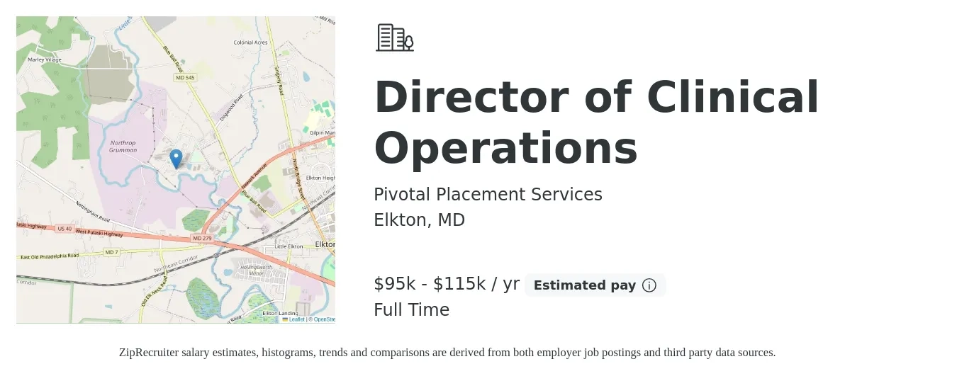 Pivotal Placement Services job posting for a Director of Clinical Operations in Elkton, MD with a salary of $95,000 to $115,000 Yearly with a map of Elkton location.