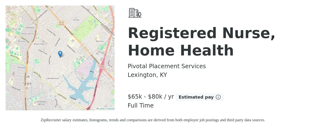 Pivotal Placement Services job posting for a Registered Nurse, Home Health in Lexington, KY with a salary of $65,000 to $80,000 Yearly with a map of Lexington location.