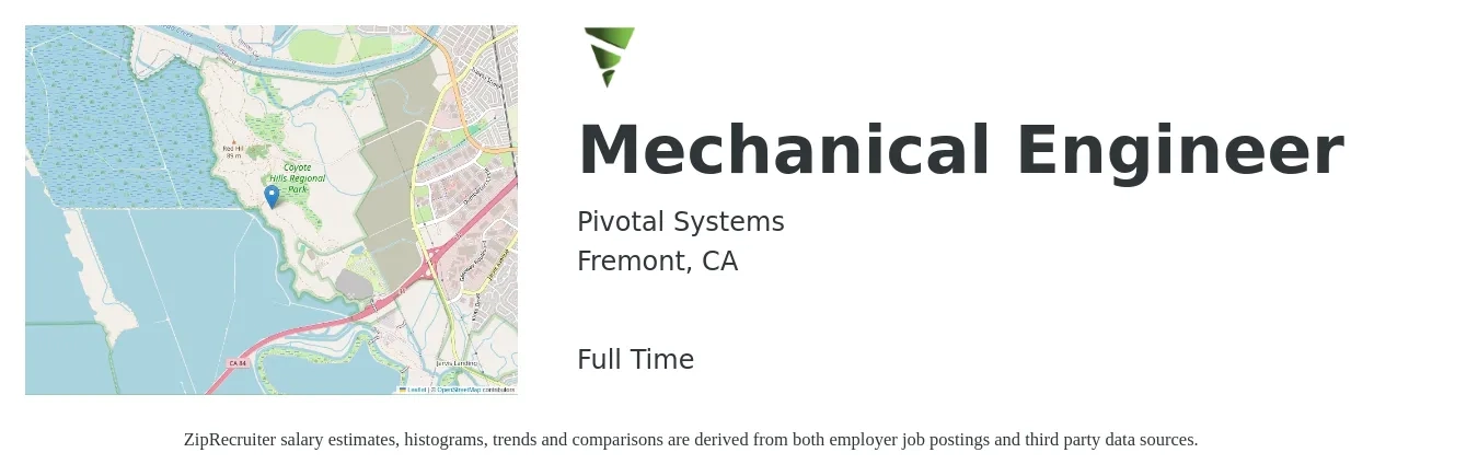 Pivotal Systems job posting for a Mechanical Engineer in Fremont, CA with a salary of $90,000 to $140,000 Yearly with a map of Fremont location.