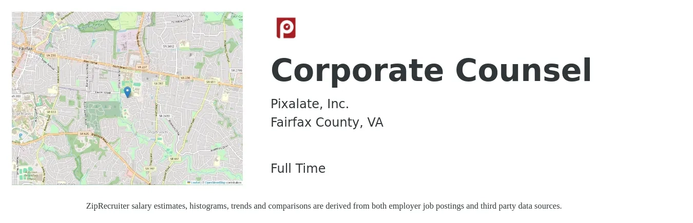 Pixalate, Inc. job posting for a Corporate Counsel in Fairfax County, VA with a salary of $133,800 to $188,800 Yearly with a map of Fairfax County location.