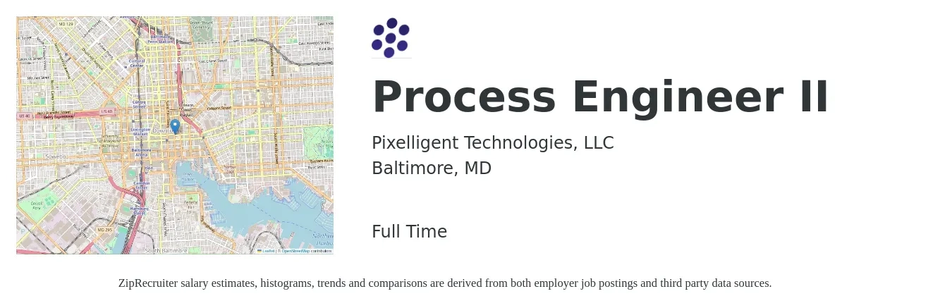 Pixelligent Technologies, LLC job posting for a Process Engineer II in Baltimore, MD with a salary of $74,000 to $102,300 Yearly with a map of Baltimore location.