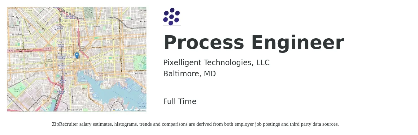 Pixelligent Technologies, LLC job posting for a Process Engineer in Baltimore, MD with a salary of $74,000 to $102,300 Yearly with a map of Baltimore location.