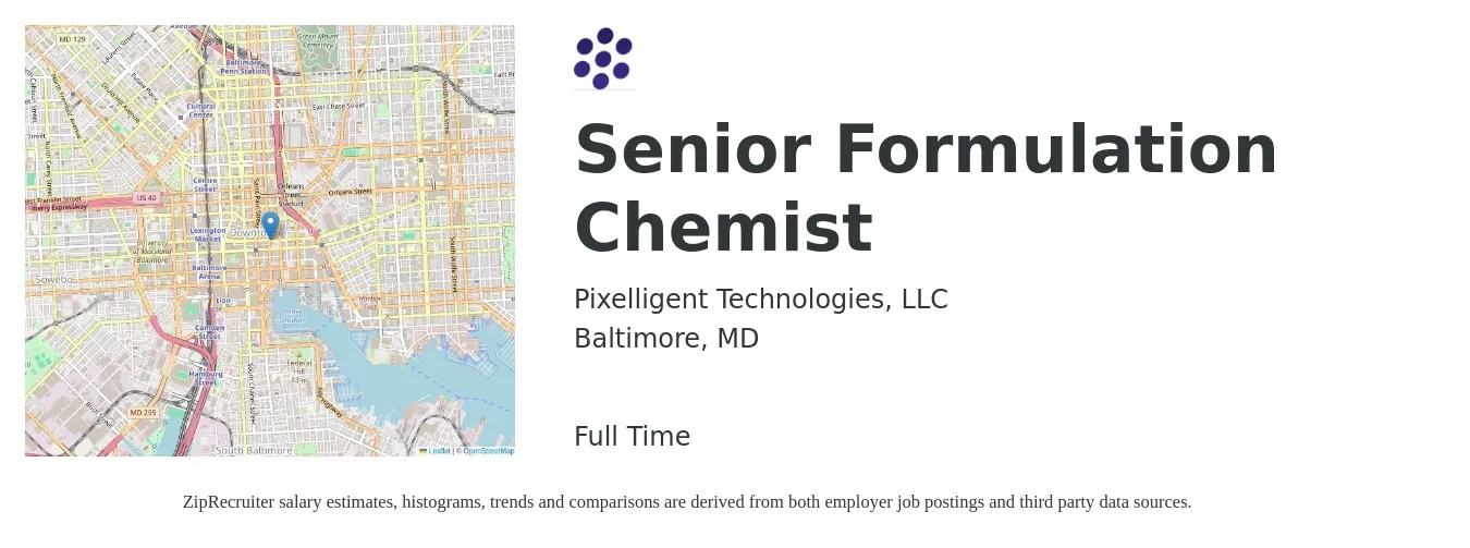 Pixelligent Technologies, LLC job posting for a Senior Formulation Chemist in Baltimore, MD with a salary of $58,600 to $109,300 Yearly with a map of Baltimore location.