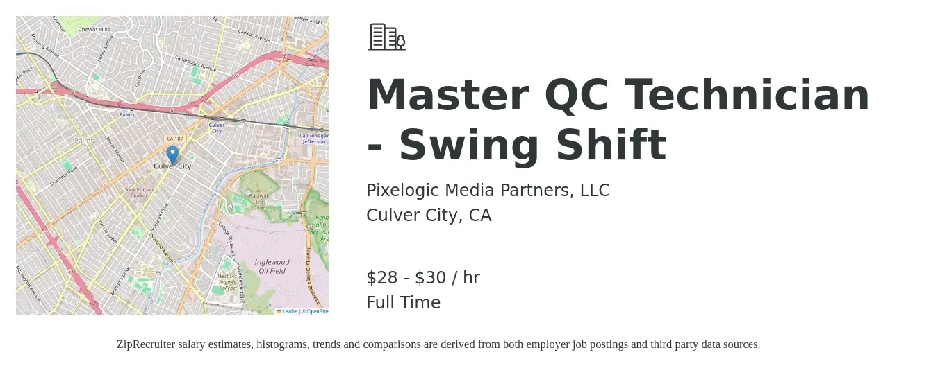 Pixelogic Media Partners, LLC job posting for a Master QC Technician - Swing Shift in Culver City, CA with a salary of $30 to $32 Hourly with a map of Culver City location.