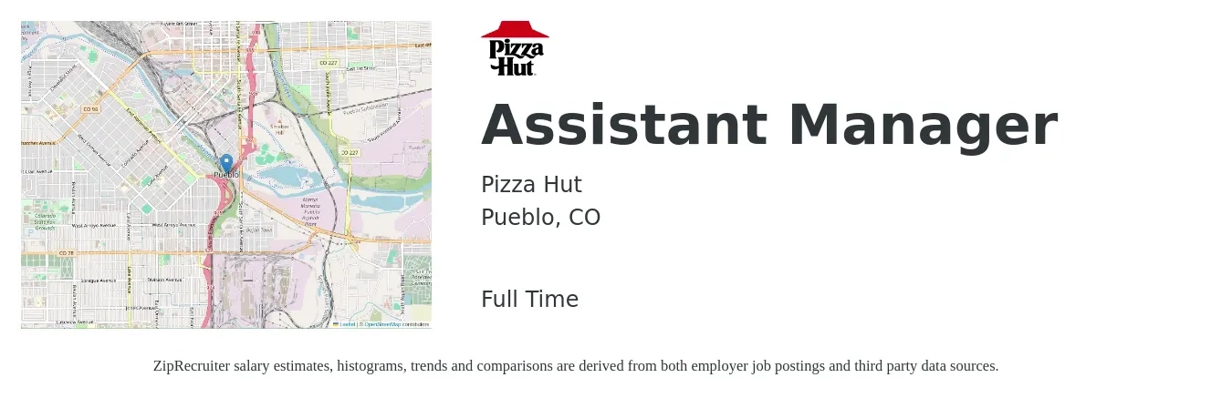 Pizza Hut job posting for a Assistant Manager in Pueblo, CO with a salary of $16 to $24 Hourly with a map of Pueblo location.
