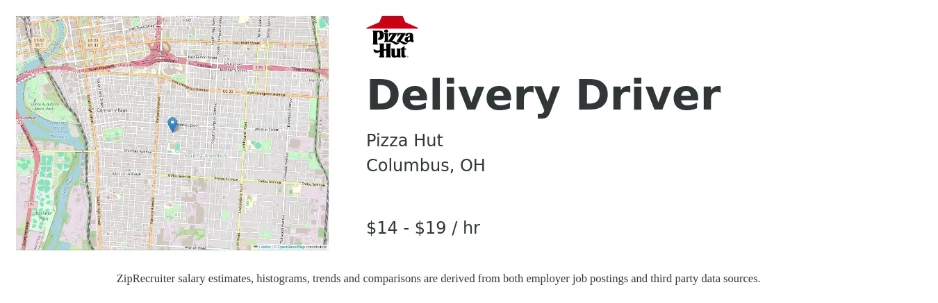 Pizza Hut job posting for a Delivery Driver in Columbus, OH with a salary of $15 to $20 Hourly with a map of Columbus location.