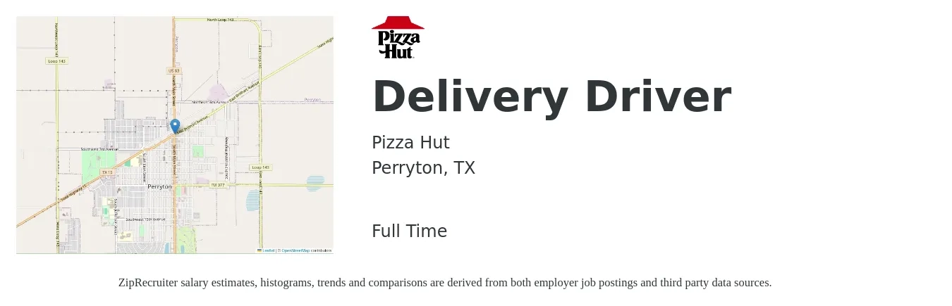 Pizza Hut job posting for a Delivery Driver in Perryton, TX with a salary of $14 to $18 Hourly with a map of Perryton location.
