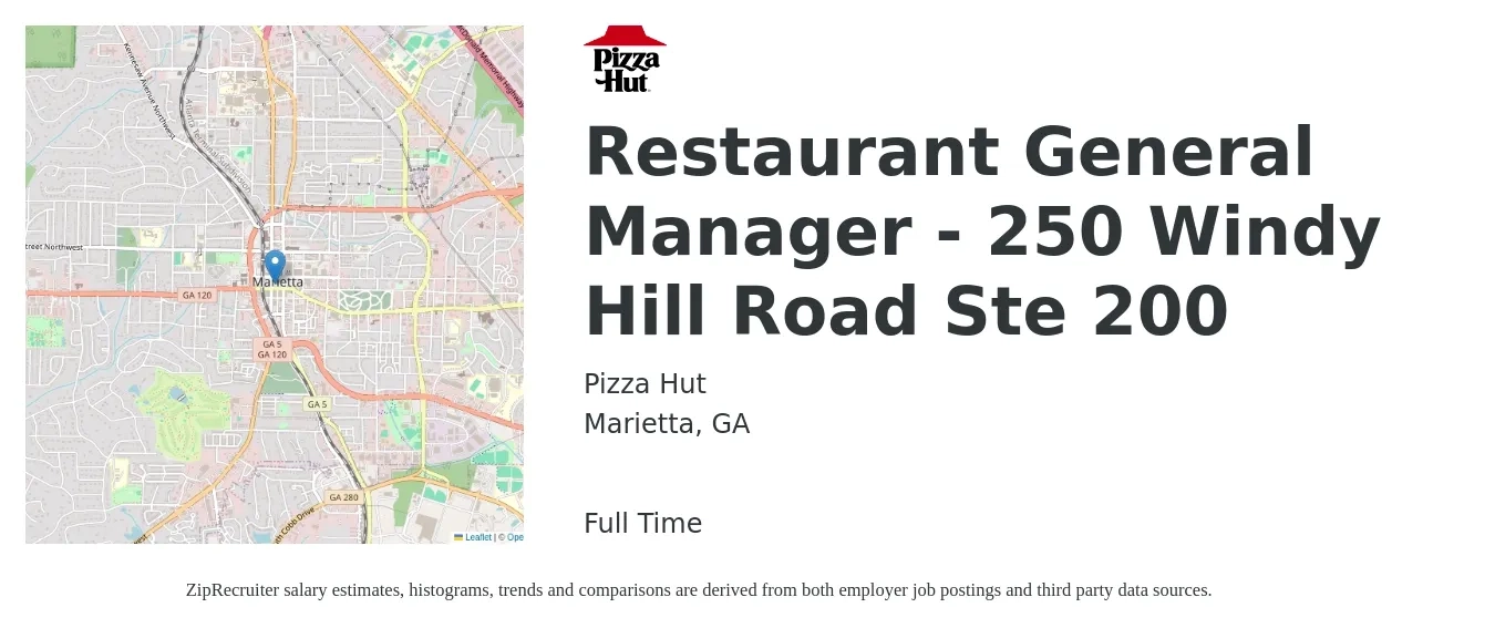 Pizza Hut job posting for a Restaurant General Manager - 250 Windy Hill Road Ste 200 in Marietta, GA with a salary of $51,000 to $70,400 Yearly with a map of Marietta location.
